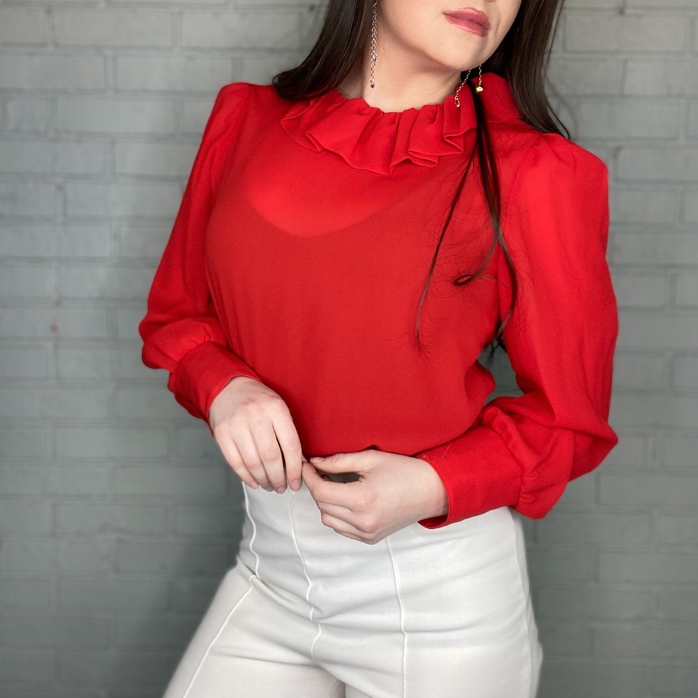 Vintage Red ‘Kassie’ Sheer Ruffle Collar Top Size Medium 1970s